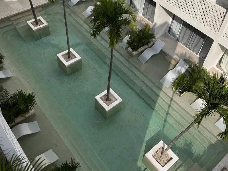 Alberca de hotel con agua opaca antes del rescate en Tulum